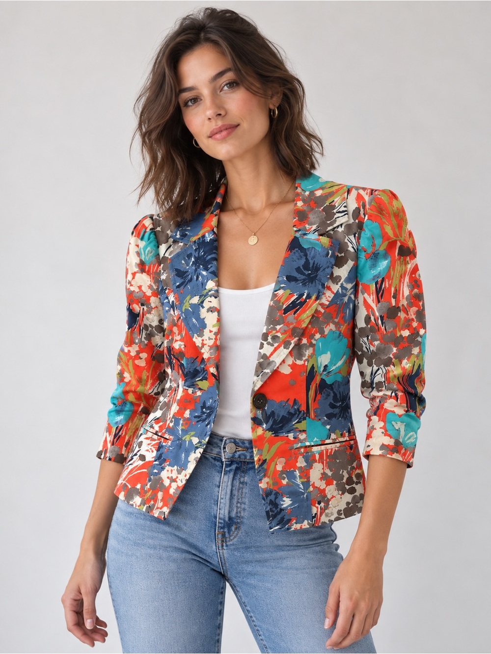 adL Women’s XS Multicolor Floral Blazer 3/4 Sleeve Cotton